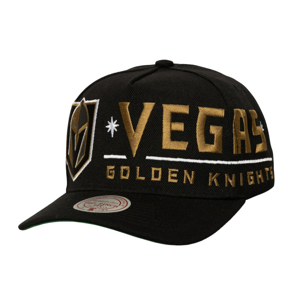 Vegas Golden Knights Mitchell & Ness Busted Logo Wordmark Wrap-Around Pro Pinch Adjustable Hat - Black | US 202641046