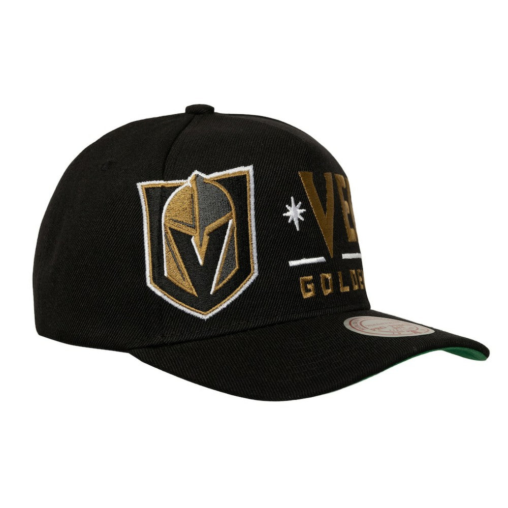 Vegas Golden Knights Mitchell & Ness Busted Logo Wordmark Wrap-Around Pro Pinch Adjustable Hat - Black | US 202641046