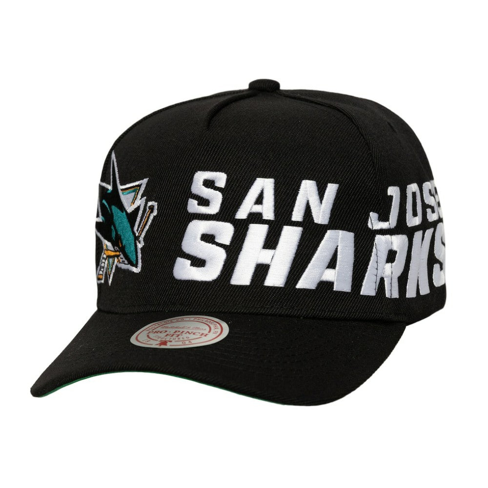 San Jose Sharks Mitchell & Ness Busted Logo Wordmark Wrap-Around Pro Pinch Adjustable Hat - Black | US 202641048