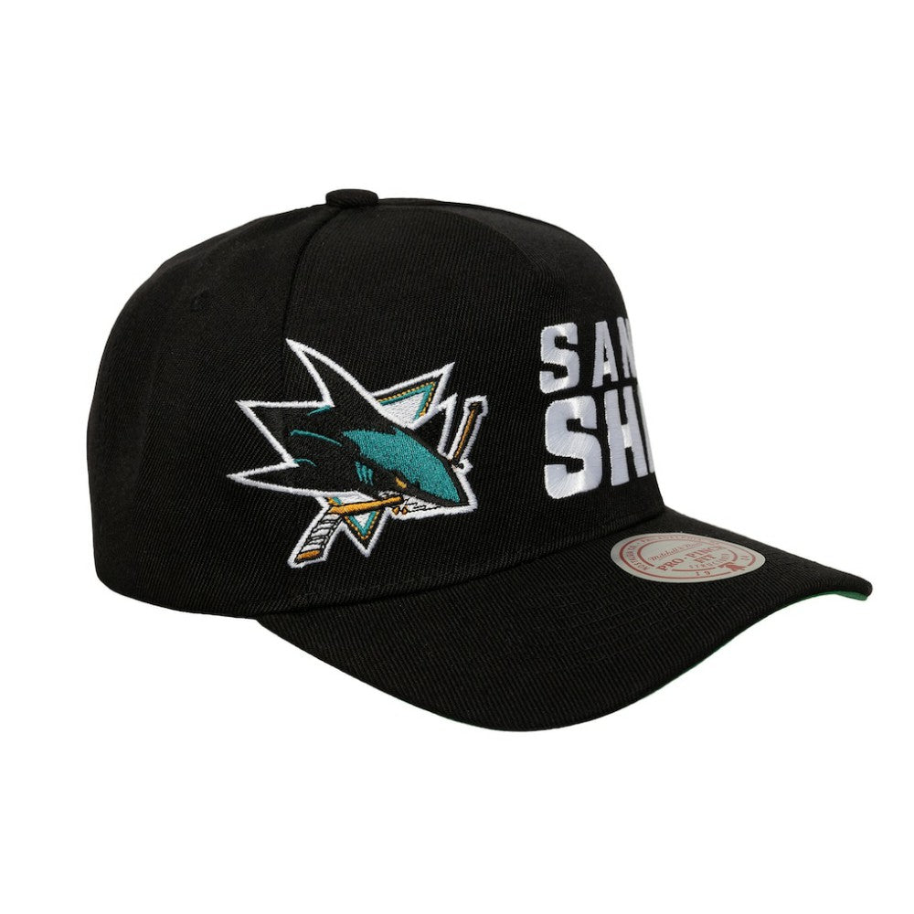 San Jose Sharks Mitchell & Ness Busted Logo Wordmark Wrap-Around Pro Pinch Adjustable Hat - Black | US 202641048