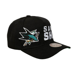 San Jose Sharks Mitchell & Ness Busted Logo Wordmark Wrap-Around Pro Pinch Adjustable Hat - Black | US 202641048