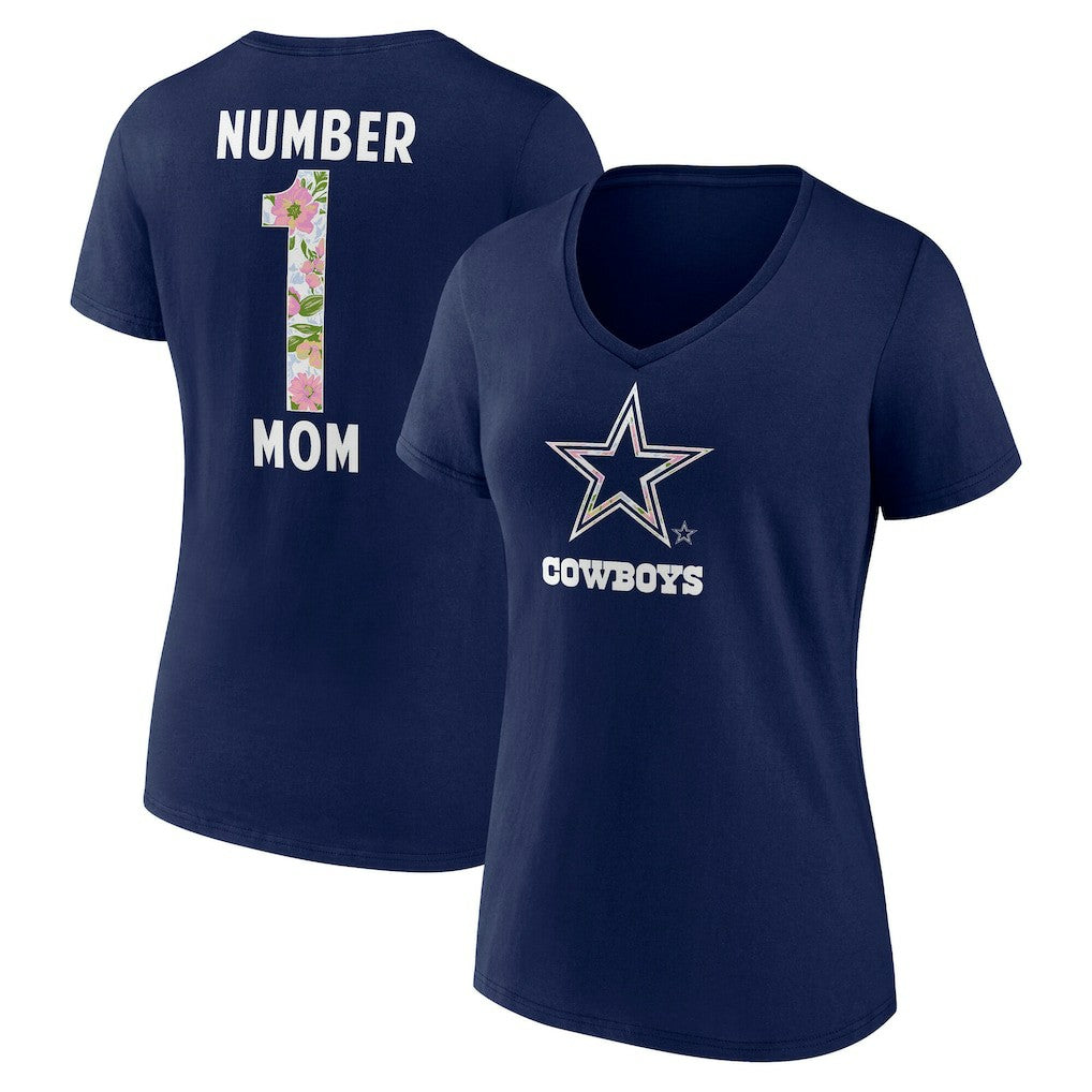 Dallas Cowboys Women's Floral Number 1 Mom V-Neck T-Shirt - Navy T-shirts