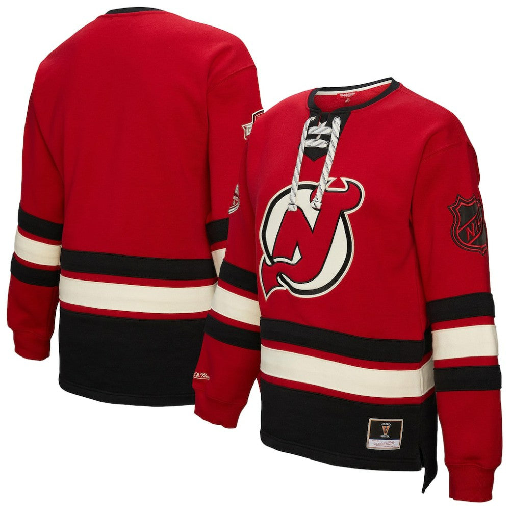 New Jersey Devils Mitchell & Ness Women's Heritage Lace-Up Pullover Sweatshirt - Red | US 202660261