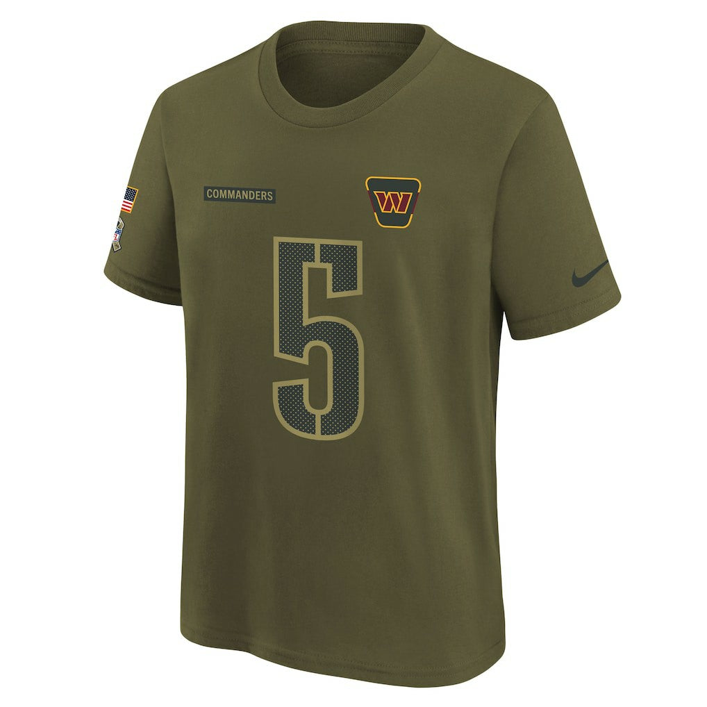 Jayden Daniels Washington Commanders Youth 2025 Salute to Service Name & Number T-Shirt - Olive T-shirts