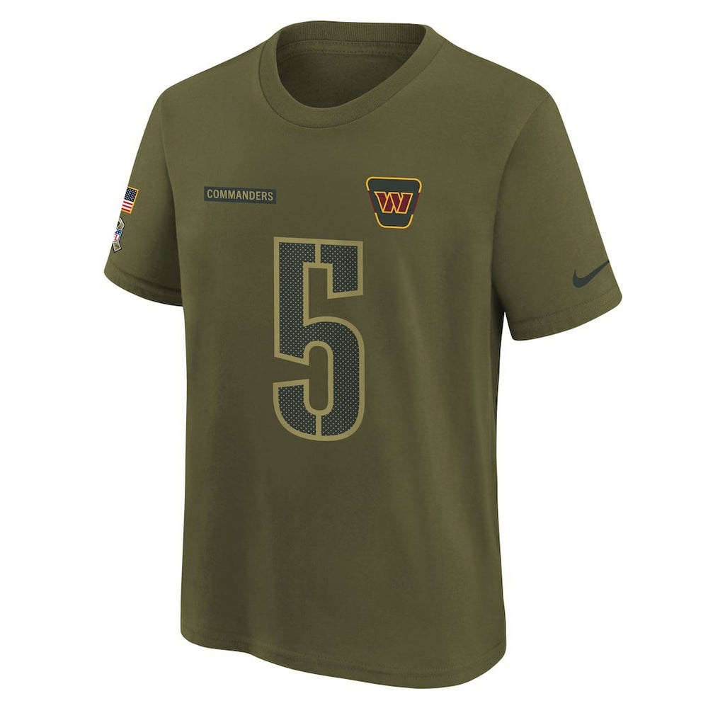 Jayden Daniels Washington Commanders Youth 2025 Salute to Service Name & Number T-Shirt - Olive T-shirts