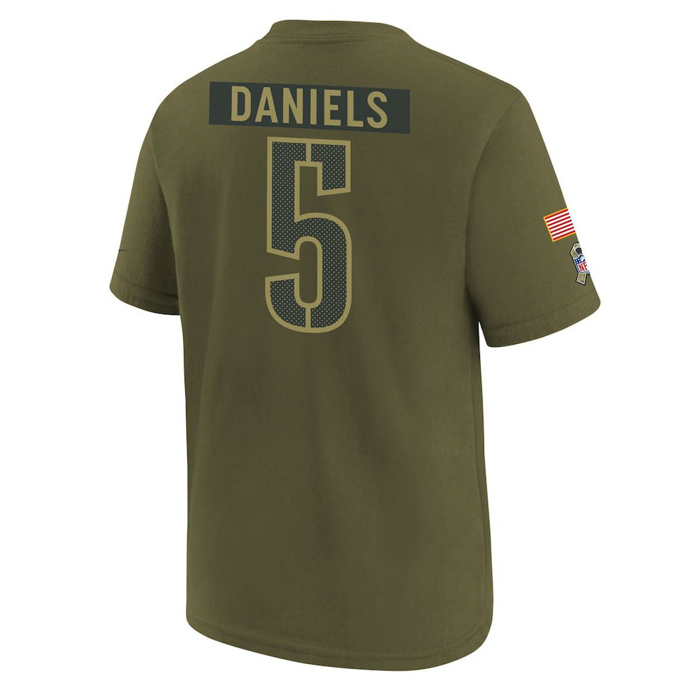 Jayden Daniels Washington Commanders Youth 2025 Salute to Service Name & Number T-Shirt - Olive T-shirts