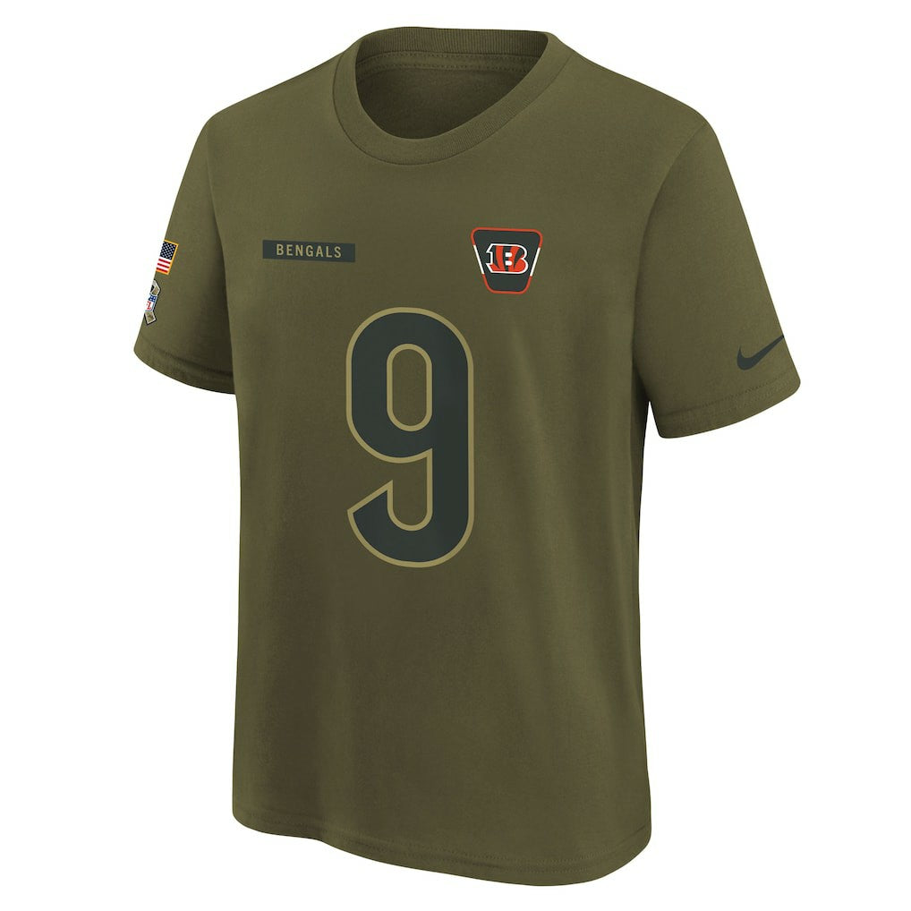 Joe Burrow Cincinnati Bengals Youth 2025 Salute to Service Name & Number T-Shirt - Olive T-shirts