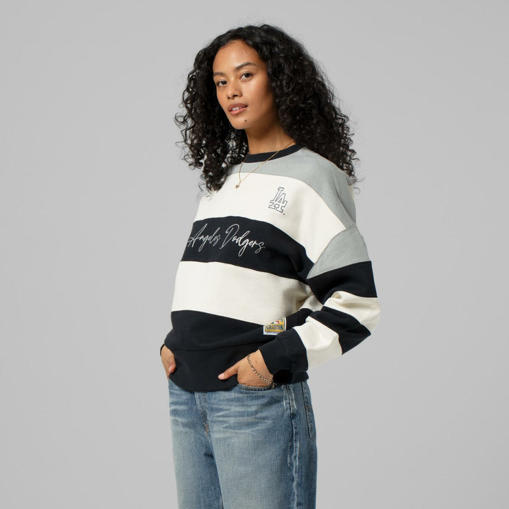 Los Angeles Dodgers Mitchell & Ness Women's Cooperstown Collection Blocked Fleece Pullover Sweatshirt- Gray/Black Pullover