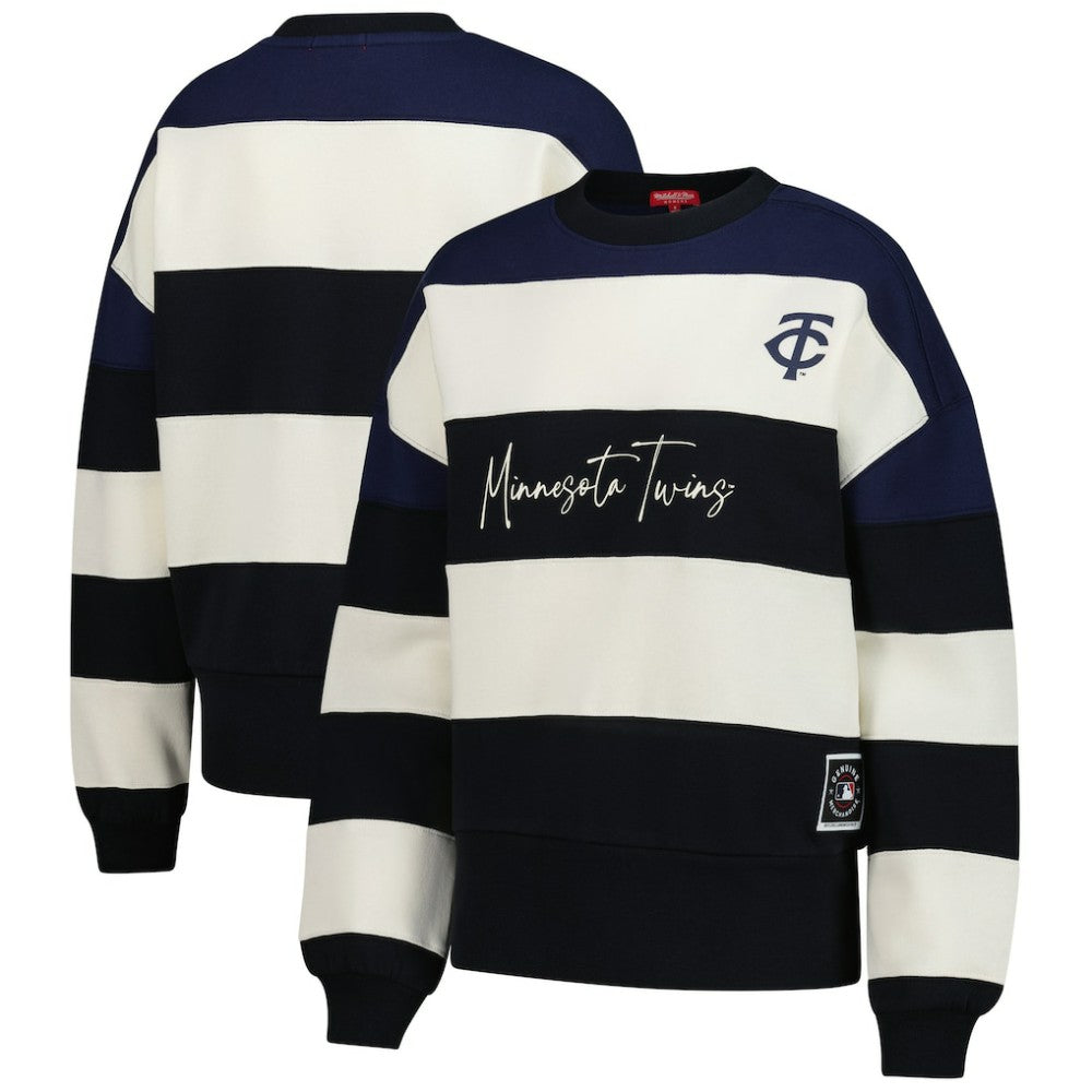 Minnesota Twins Mitchell & Ness Women's Cooperstown Collection Blocked Fleece Pullover Sweatshirt- Navy/Black Pullover