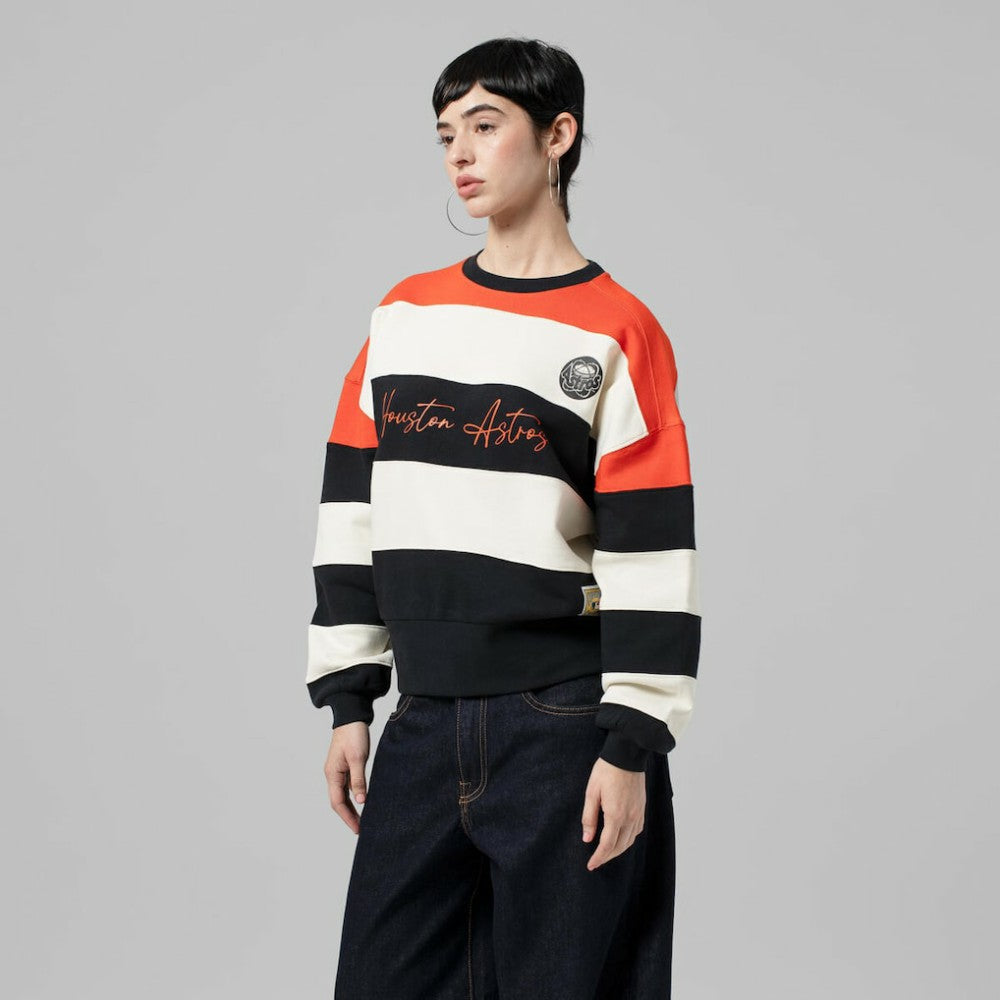 Houston Astros Mitchell & Ness Women's Cooperstown Collection Blocked Fleece Pullover Sweatshirt- Orange/Black Pullover
