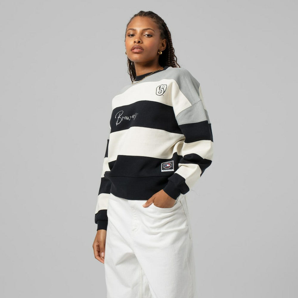 Milwaukee Brewers Mitchell & Ness Women's Cooperstown Collection Blocked Fleece Pullover Sweatshirt- Gray/Black Pullover