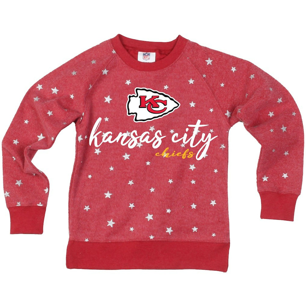 Kansas City Chiefs Wes & Willy Girls Youth Shimmer Star Reverse Fleece Pullover Sweatshirt - Red Pullover