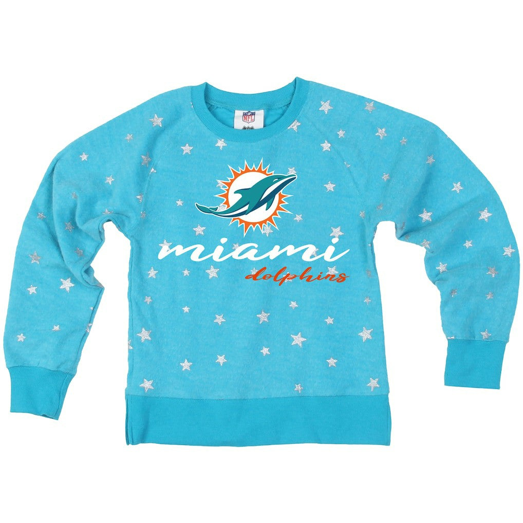 Miami Dolphins Wes & Willy Girls Youth Shimmer Star Reverse Fleece Pullover Sweatshirt - Aqua Pullover