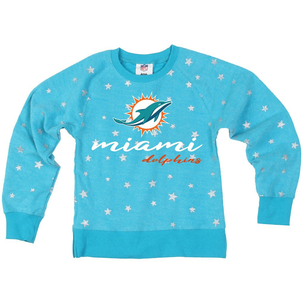 Miami Dolphins Wes & Willy Girls Youth Shimmer Star Reverse Fleece Pullover Sweatshirt - Aqua Pullover