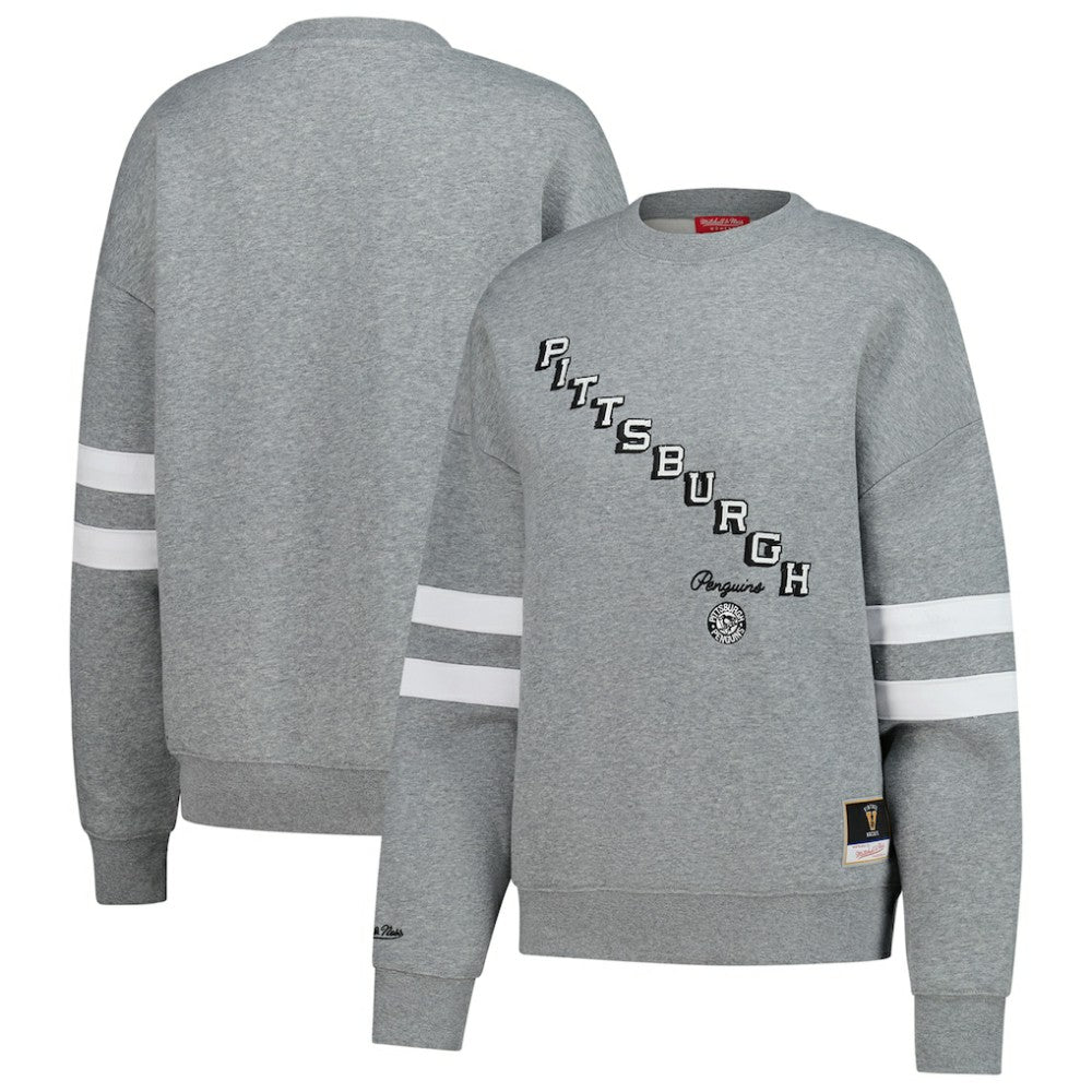 Pittsburgh Penguins Mitchell & Ness Women's Logo Lightweight Pullover Sweatshirt - Heather Gray | US 202679018