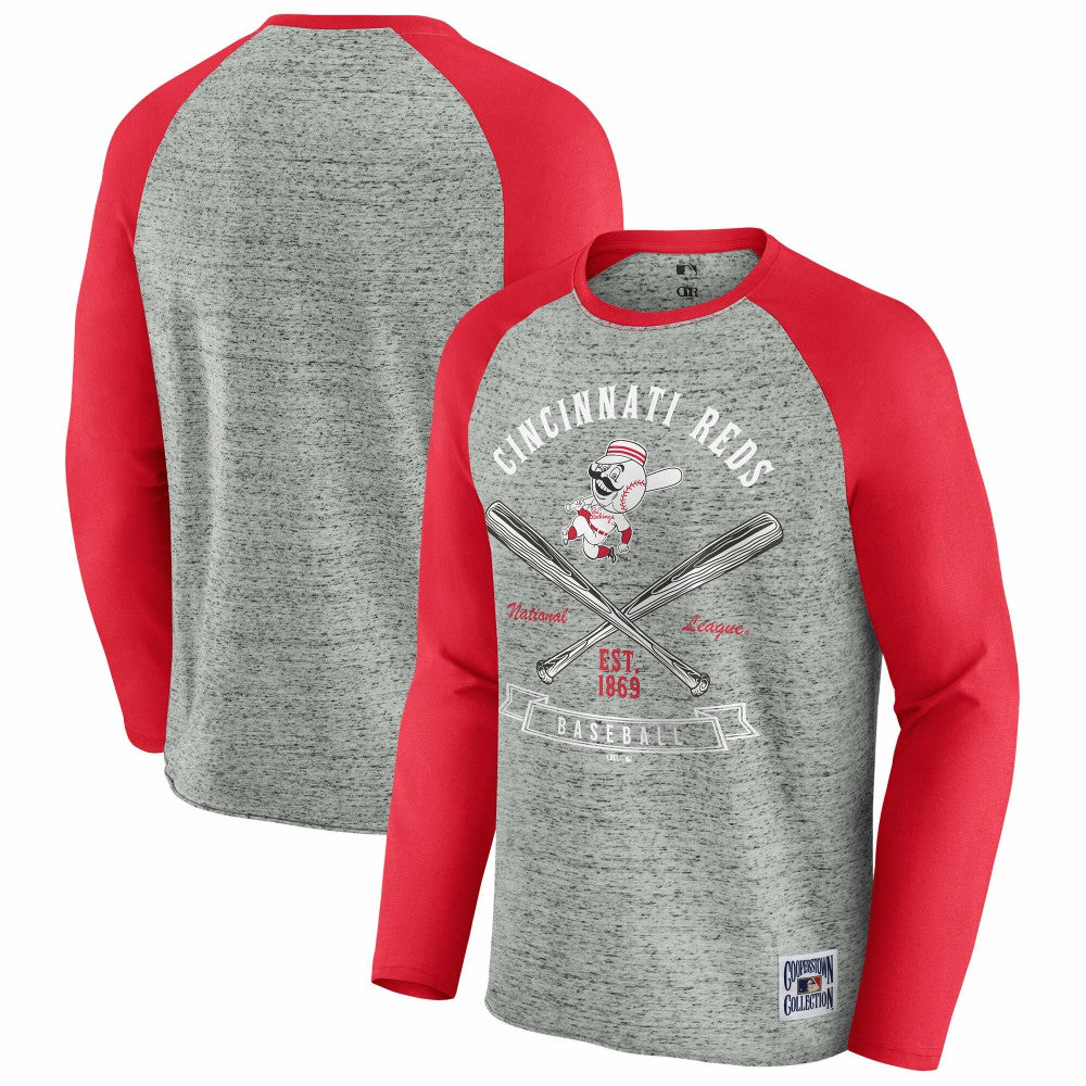 Cincinnati Reds Darius Rucker Collection by Fanatics Raw Edge Raglan Long Sleeve Baseball T-Shirt - Heather Gray T-shirts