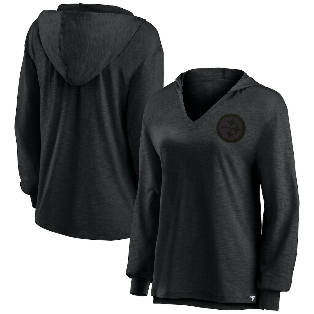 Pittsburgh Steelers Women's Blackout Slub Hoodie V-Neck Long Sleeve T-Shirt