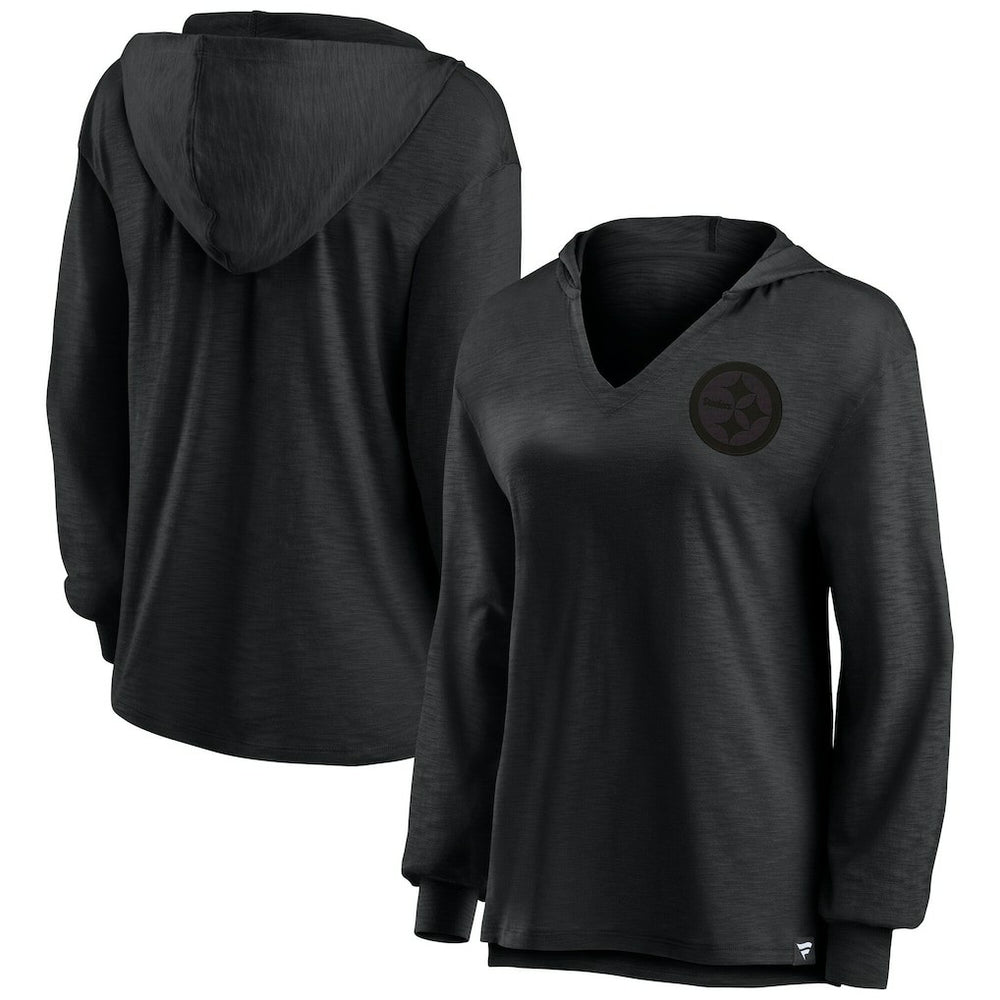 Pittsburgh Steelers Women's Blackout Slub Hoodie V-Neck Long Sleeve T-Shirt