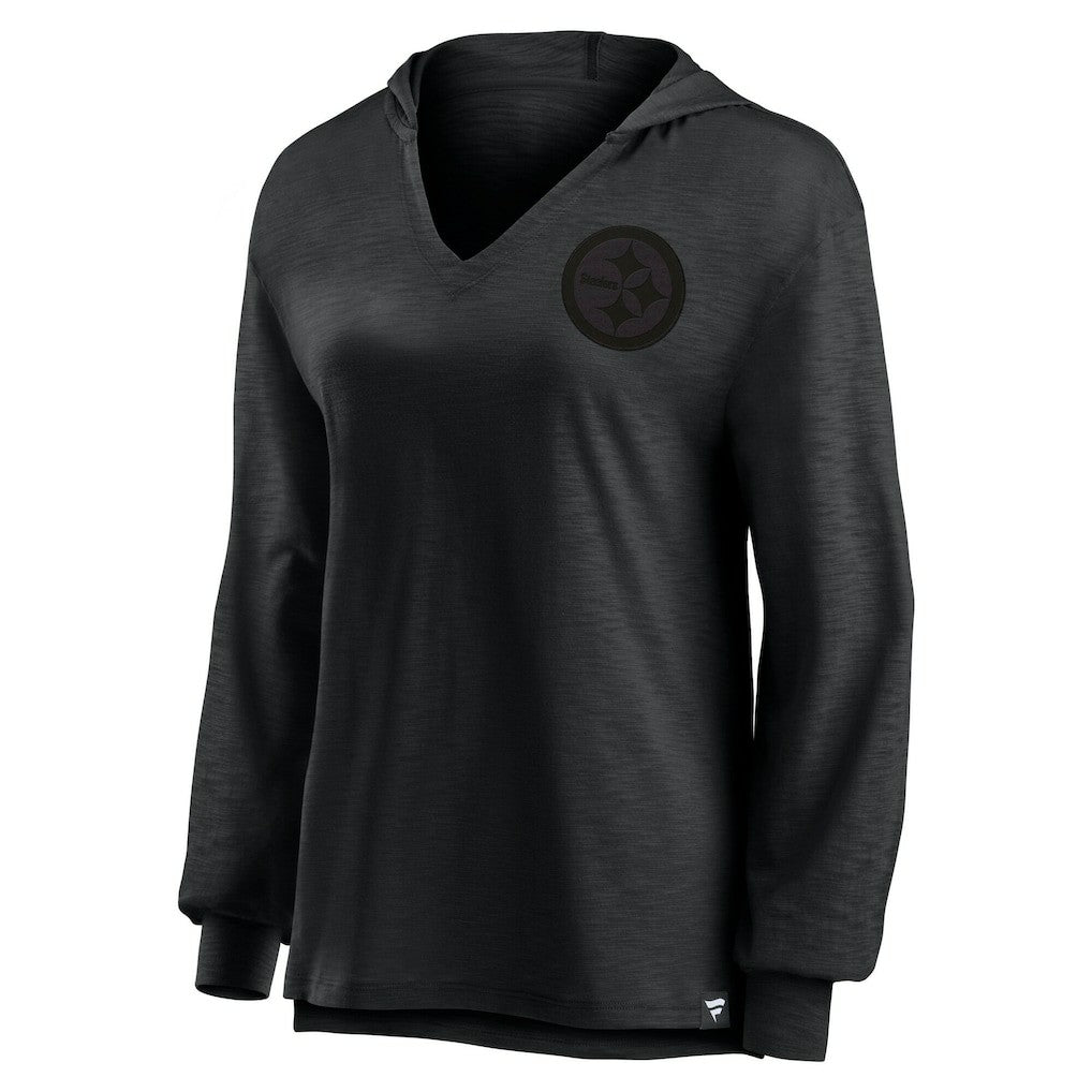 Pittsburgh Steelers Women's Blackout Slub Hoodie V-Neck Long Sleeve T-Shirt