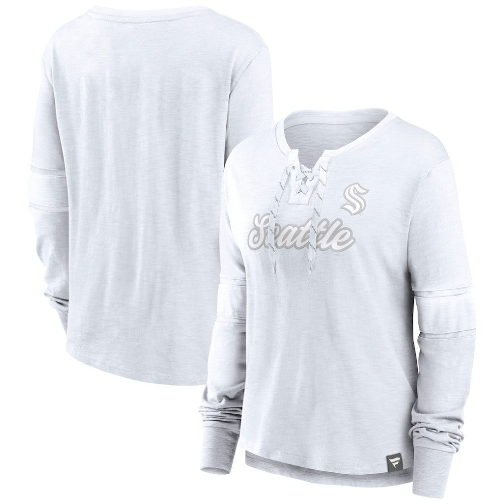 Seattle Kraken Fanatics Women's White Out Lace-Up Fashion Long Sleeve T-Shirt | US 202683375