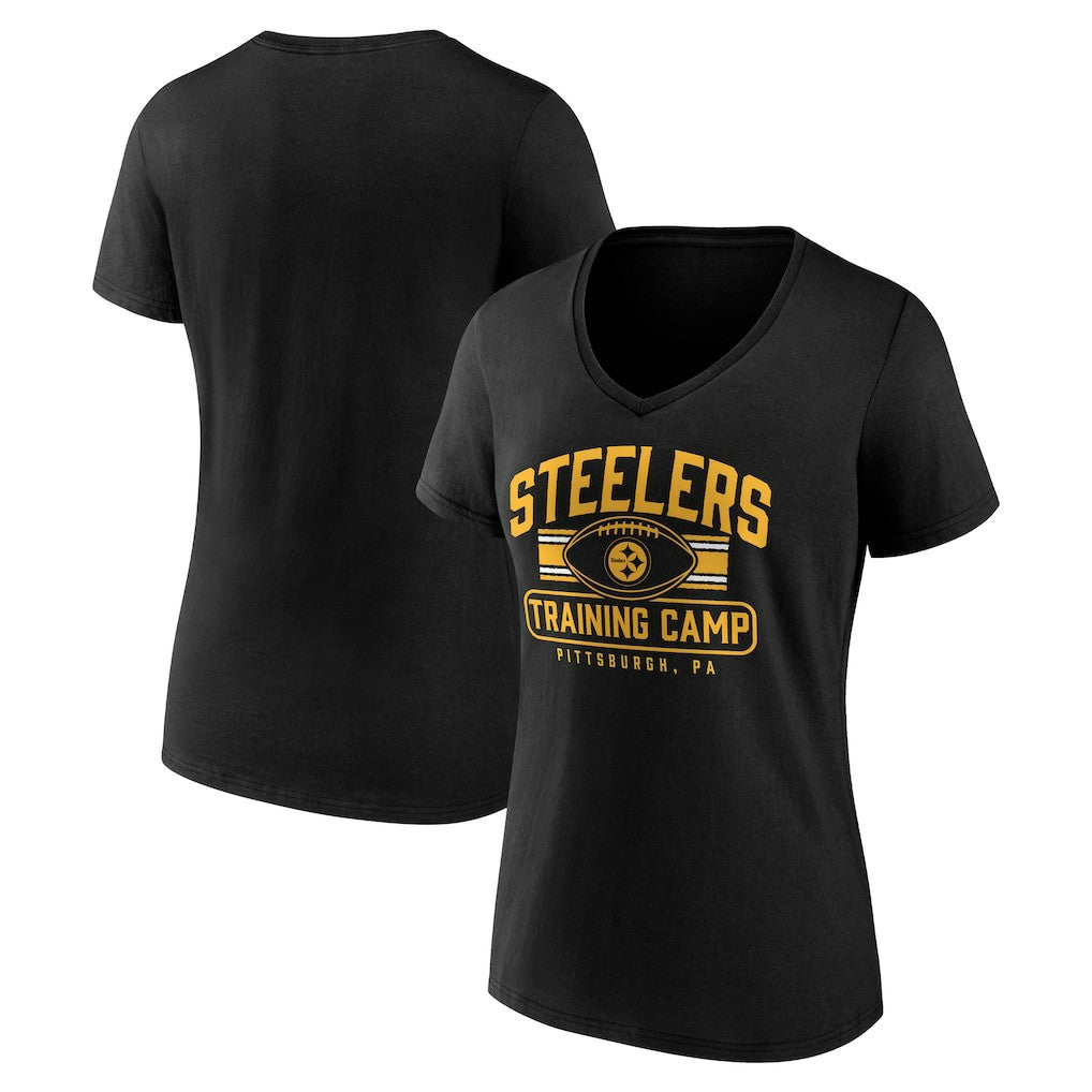 Pittsburgh Steelers Women's Training Camp Stripe V-Neck T-Shirt - Black T-shirts