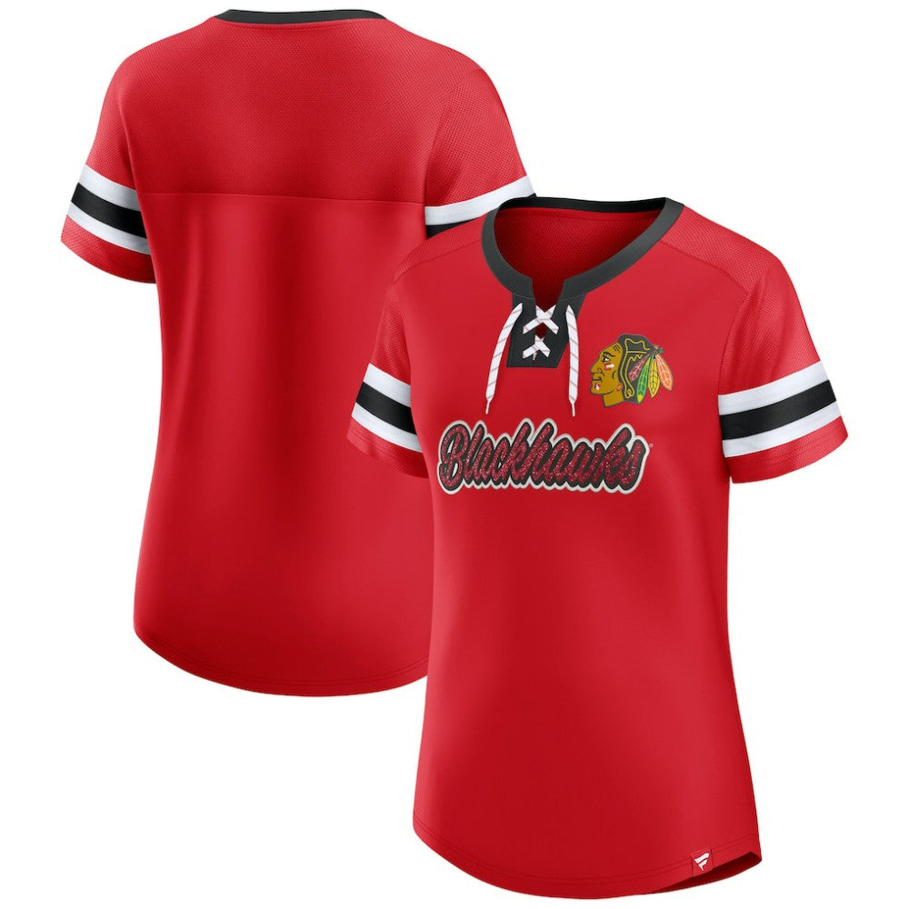Chicago Blackhawks Fanatics Women's Iconic Athena Lace-Up T-Shirt - Red | US 202683979