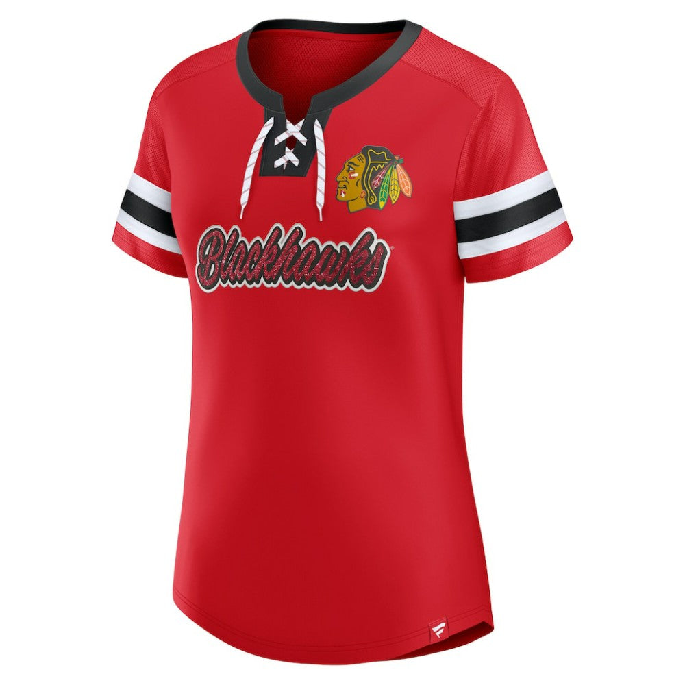 Chicago Blackhawks Fanatics Women's Iconic Athena Lace-Up T-Shirt - Red | US 202683979