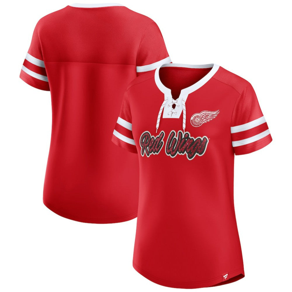 Detroit Red Wings Fanatics Women's Iconic Athena Lace-Up T-Shirt - Red | US 202683986