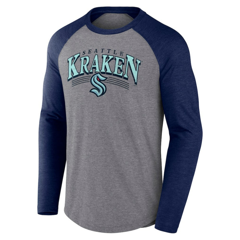 Seattle Kraken Fanatics Goal Crease Raglan Tri-Blend Long Sleeve T-Shirt - Heather Gray/Heather Deep Sea Blue | US 202688695