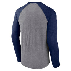 Seattle Kraken Fanatics Goal Crease Raglan Tri-Blend Long Sleeve T-Shirt - Heather Gray/Heather Deep Sea Blue | US 202688695