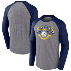 Pittsburgh Penguins Fanatics Goal Crease Raglan Tri-Blend Long Sleeve T-Shirt - Heather Gray/Heather Navy | US 202688696