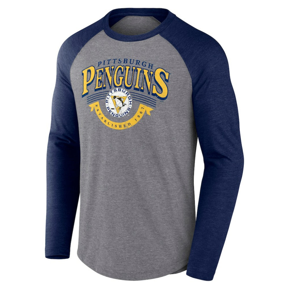 Pittsburgh Penguins Fanatics Goal Crease Raglan Tri-Blend Long Sleeve T-Shirt - Heather Gray/Heather Navy | US 202688696