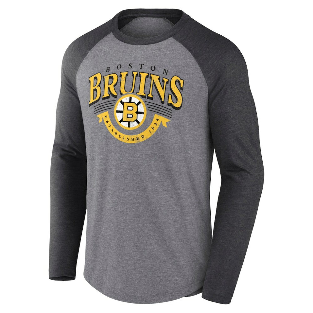 Boston Bruins Fanatics Goal Crease Raglan Tri-Blend Long Sleeve T-Shirt - Heather Gray/Heather Charcoal | US 202688698