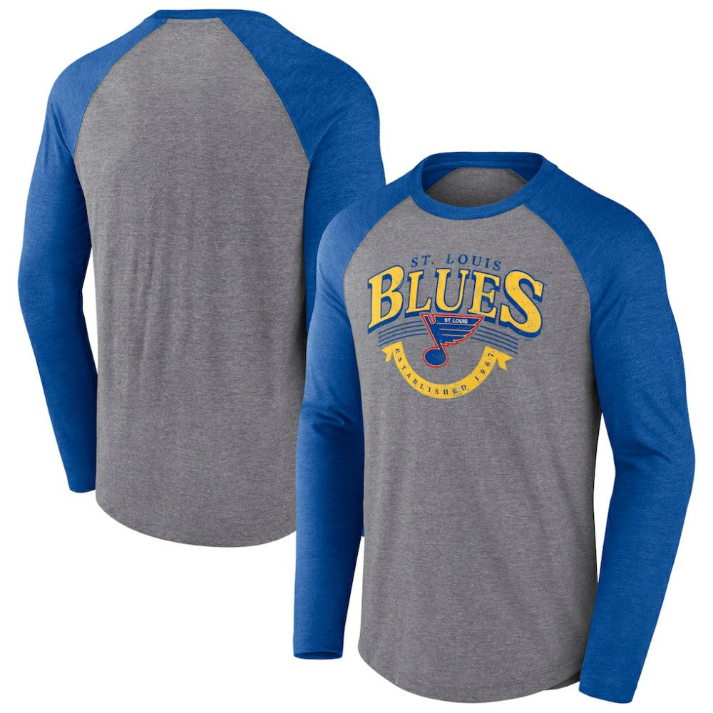 St. Louis Blues Fanatics Goal Crease Raglan Tri-Blend Long Sleeve T-Shirt - Heather Gray/Heather Blue | US 202688699