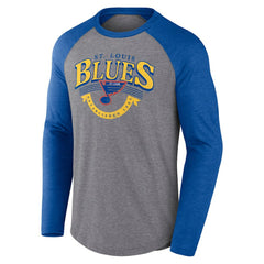 St. Louis Blues Fanatics Goal Crease Raglan Tri-Blend Long Sleeve T-Shirt - Heather Gray/Heather Blue | US 202688699