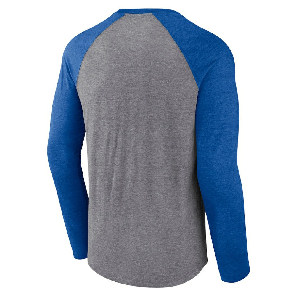 St. Louis Blues Fanatics Goal Crease Raglan Tri-Blend Long Sleeve T-Shirt - Heather Gray/Heather Blue | US 202688699