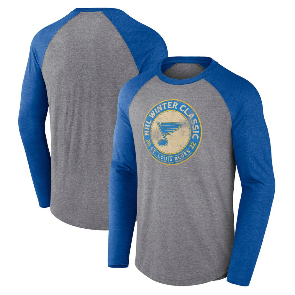 St. Louis Blues Fanatics 2022 NHL Winter Classic Vintage Distressed Raglan Tri-Blend Long Sleeve T-Shirt - Heather Gray/Heather Blue | US 202688701