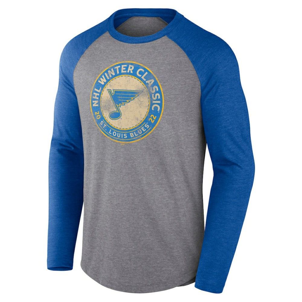 St. Louis Blues Fanatics 2022 NHL Winter Classic Vintage Distressed Raglan Tri-Blend Long Sleeve T-Shirt - Heather Gray/Heather Blue | US 202688701