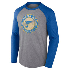 St. Louis Blues Fanatics 2022 NHL Winter Classic Vintage Distressed Raglan Tri-Blend Long Sleeve T-Shirt - Heather Gray/Heather Blue | US 202688701