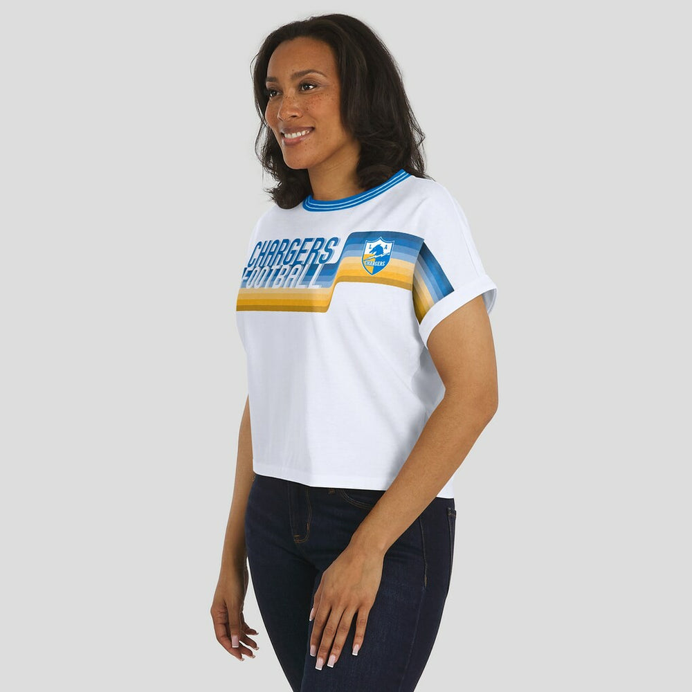 Los Angeles Chargers WEAR by Erin Andrews Women's Cropped Center Stripe Dolman T-Shirt - White T-shirts