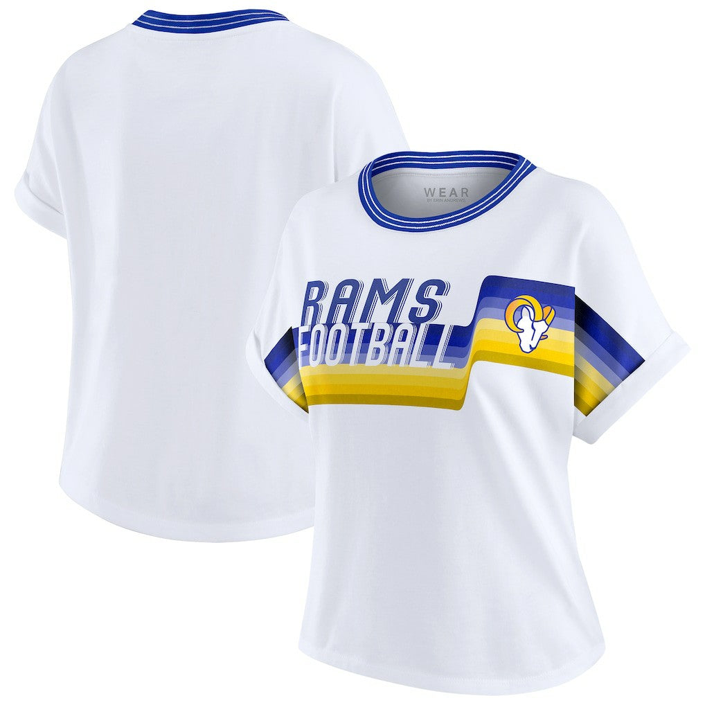 Los Angeles Rams WEAR by Erin Andrews Women's Cropped Center Stripe Dolman T-Shirt - White T-shirts
