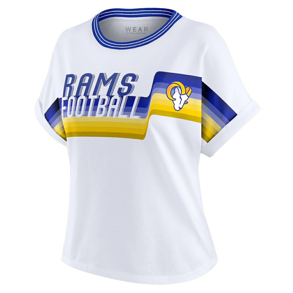 Los Angeles Rams WEAR by Erin Andrews Women's Cropped Center Stripe Dolman T-Shirt - White T-shirts