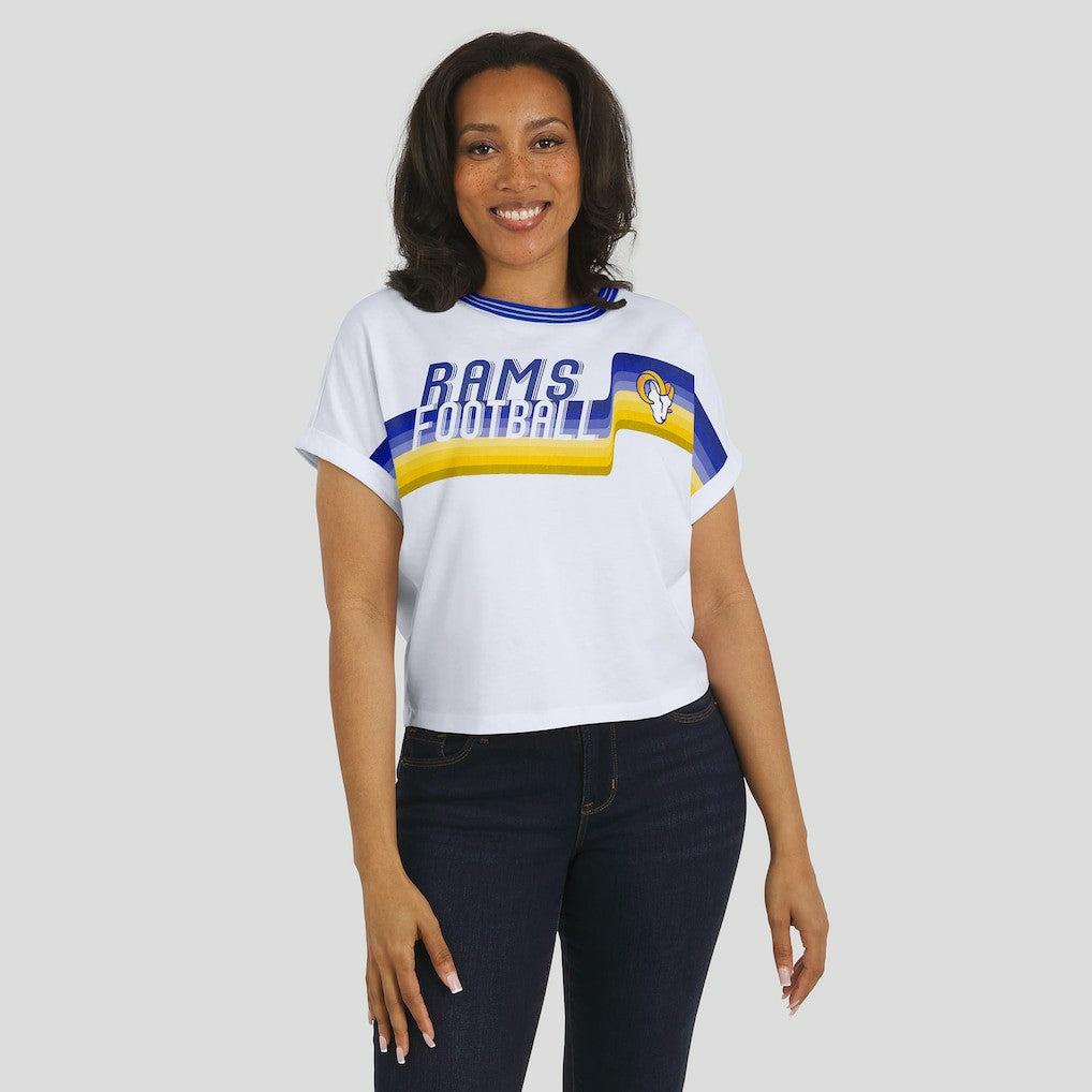 Los Angeles Rams WEAR by Erin Andrews Women's Cropped Center Stripe Dolman T-Shirt - White T-shirts