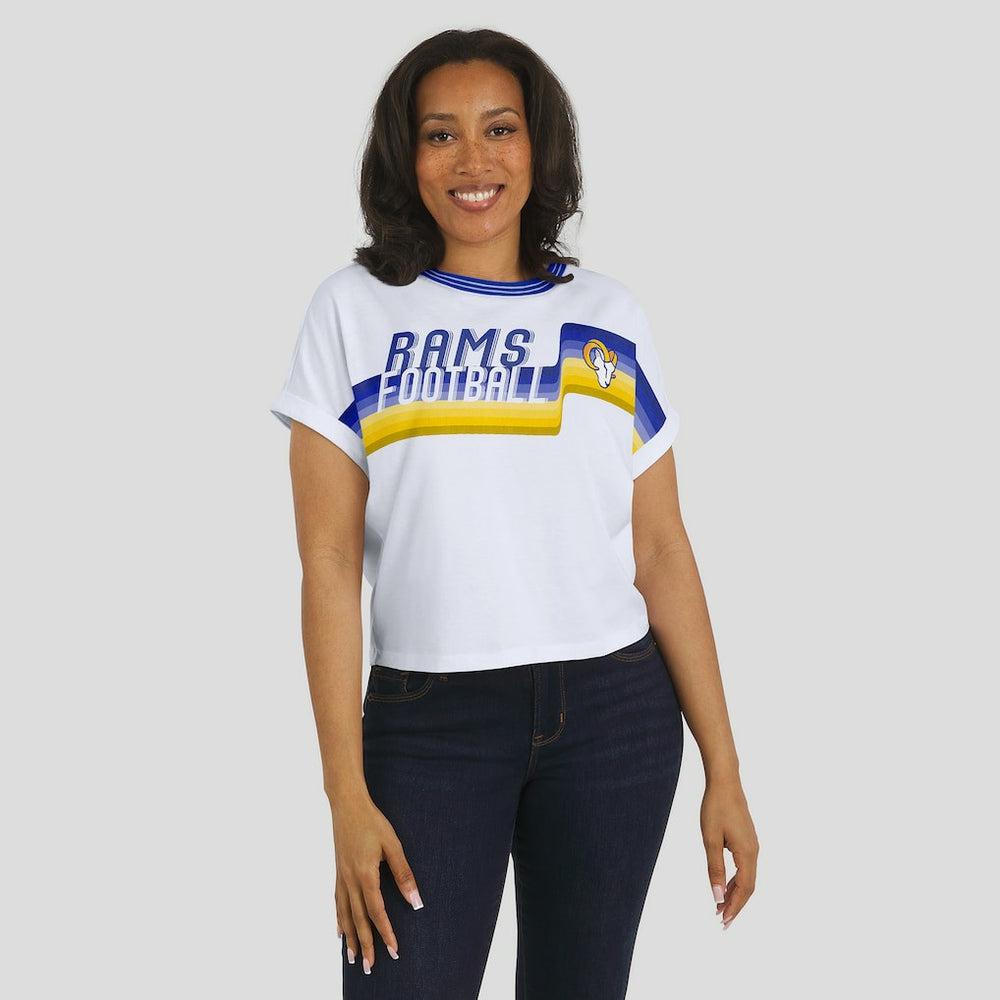 Los Angeles Rams WEAR by Erin Andrews Women's Cropped Center Stripe Dolman T-Shirt - White T-shirts