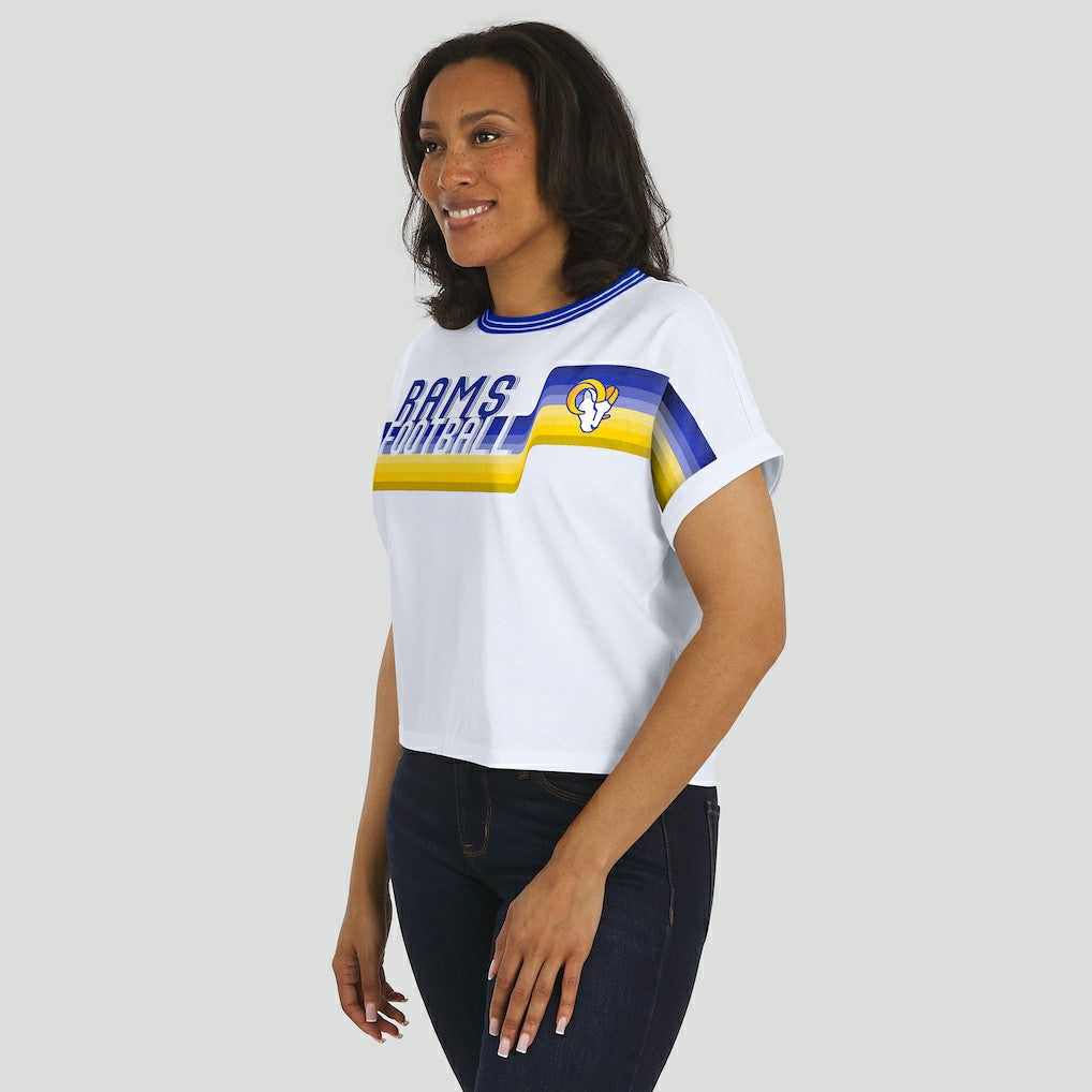 Los Angeles Rams WEAR by Erin Andrews Women's Cropped Center Stripe Dolman T-Shirt - White T-shirts