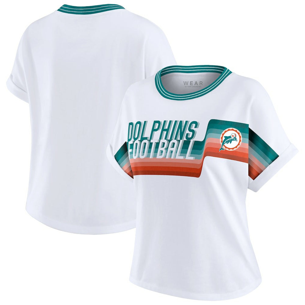 Miami Dolphins WEAR by Erin Andrews Women's Cropped Center Stripe Dolman T-Shirt - White T-shirts