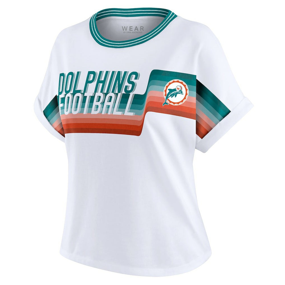 Miami Dolphins WEAR by Erin Andrews Women's Cropped Center Stripe Dolman T-Shirt - White T-shirts