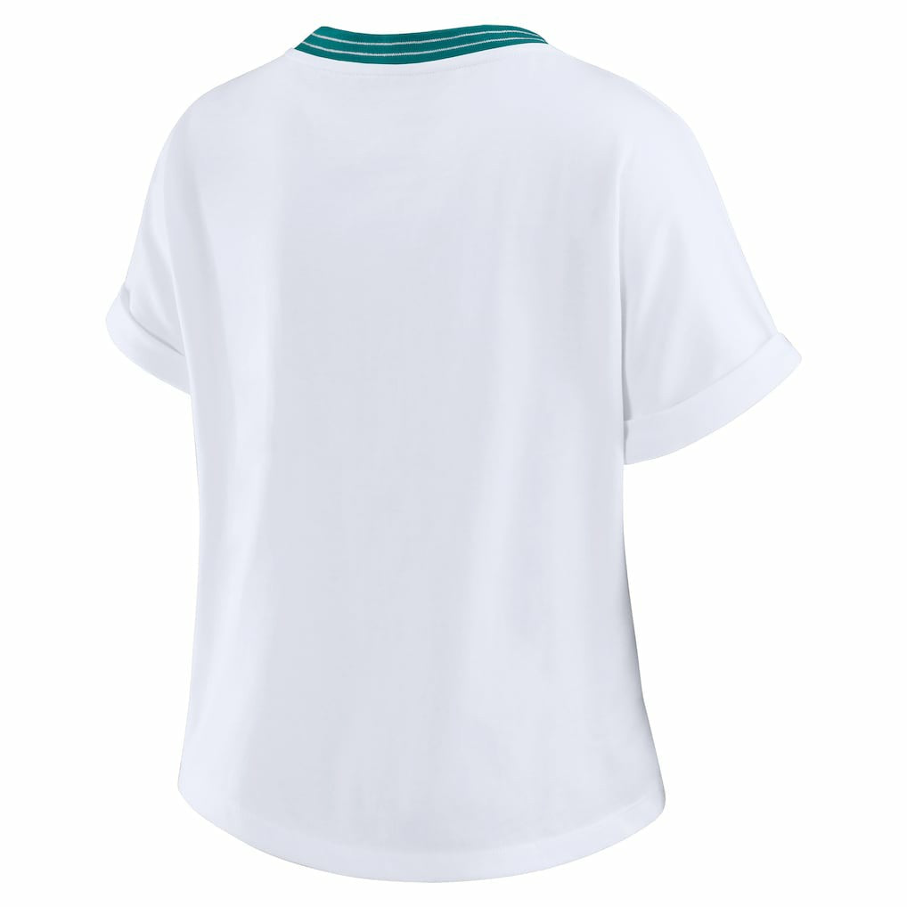 Miami Dolphins WEAR by Erin Andrews Women's Cropped Center Stripe Dolman T-Shirt - White T-shirts
