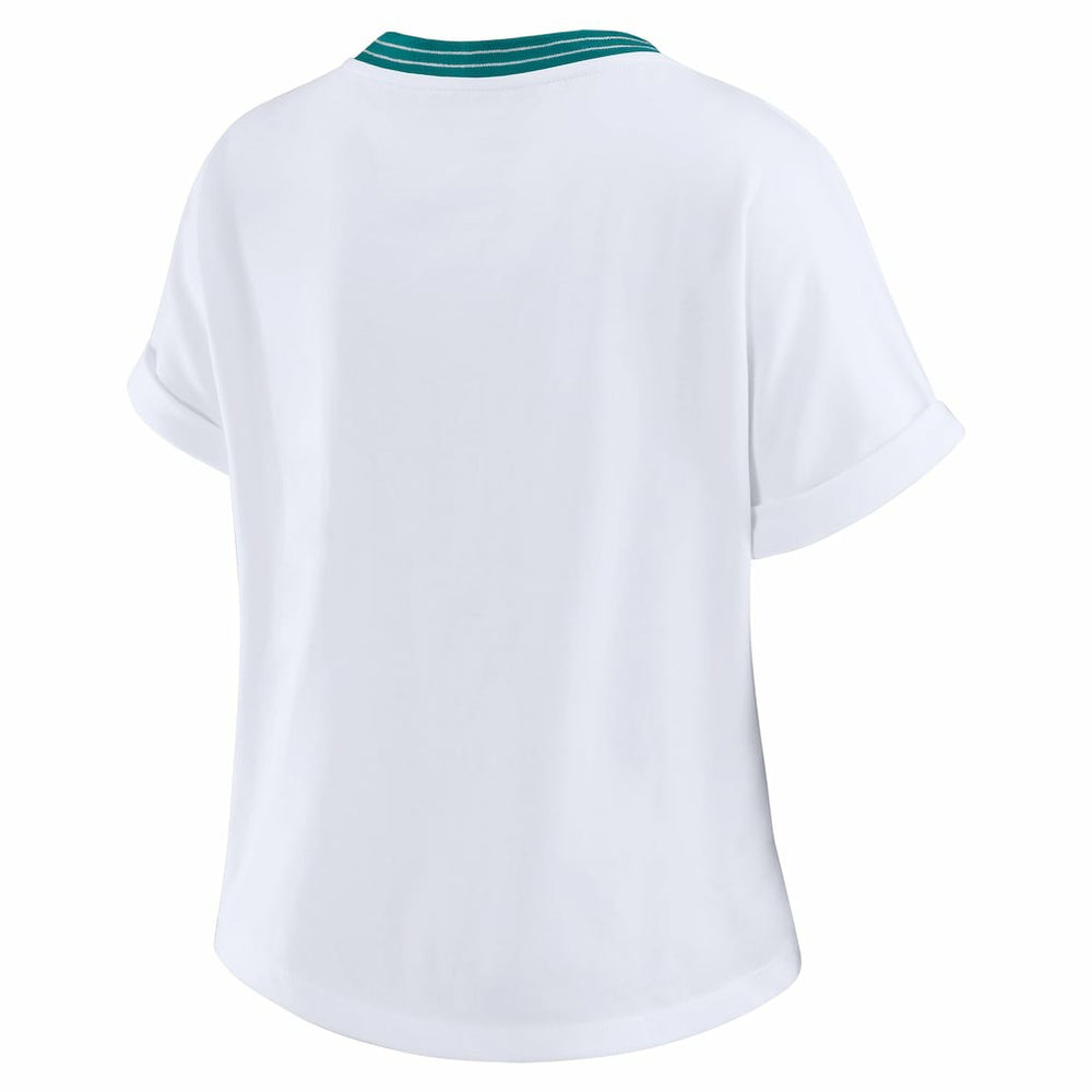 Miami Dolphins WEAR by Erin Andrews Women's Cropped Center Stripe Dolman T-Shirt - White T-shirts