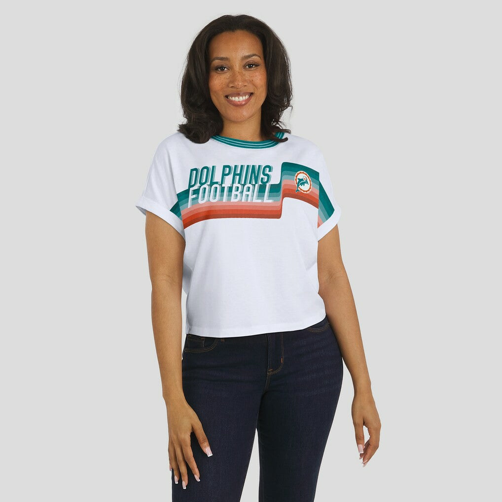 Miami Dolphins WEAR by Erin Andrews Women's Cropped Center Stripe Dolman T-Shirt - White T-shirts